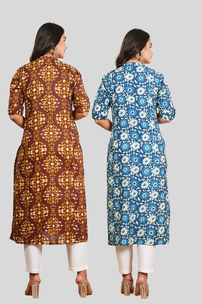 Brown Floral and Blue Floral Cotton Long Kurti