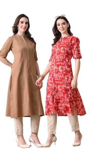 Brown and Red Floral Cotton Long Kurti