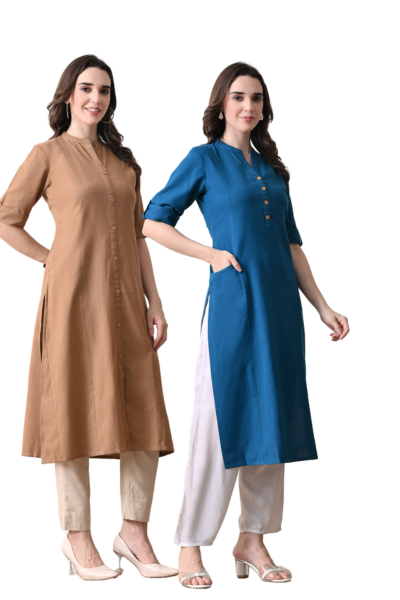 Brown And Yale Blue Cotton Long Kurti