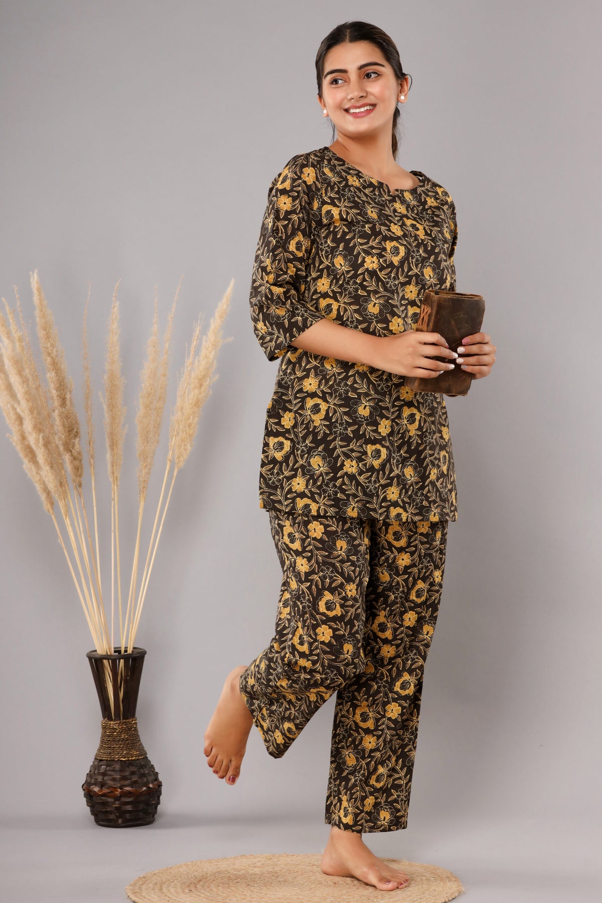 Dark Brown Cotton Printed Night Suits