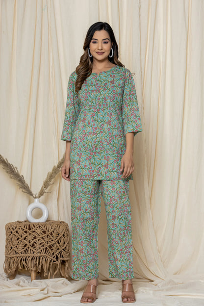 Green Cotton Printed Night Suits