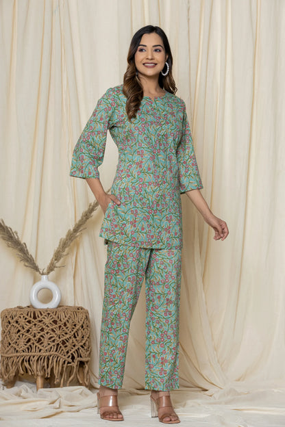 Green Cotton Printed Night Suits