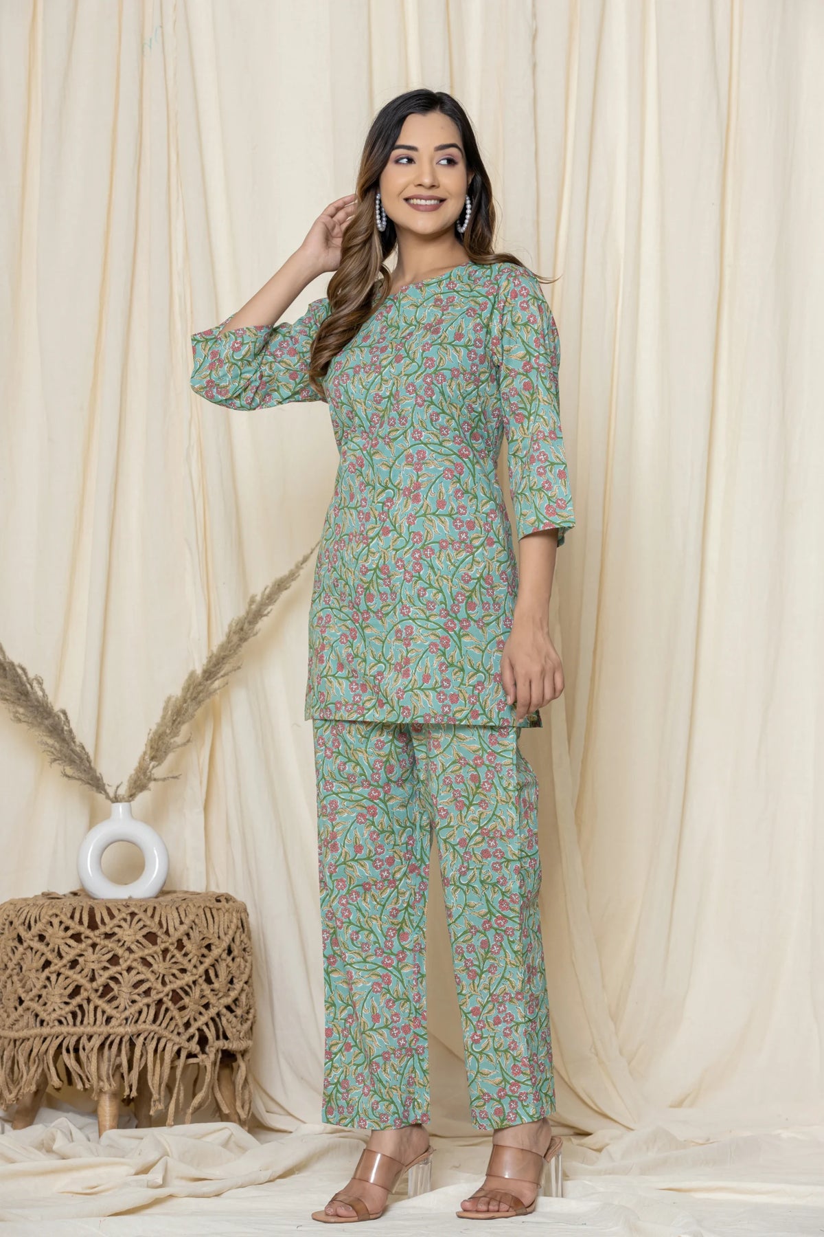 Green Cotton Printed Night Suits