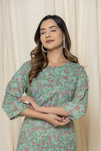 Green Cotton Printed Night Suits