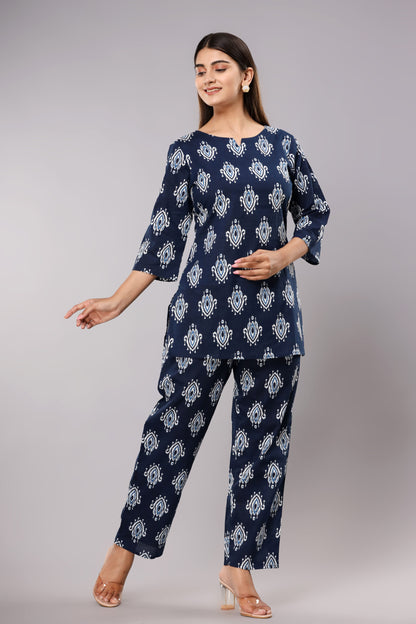Blue Ikat Cotton Printed Night Suits
