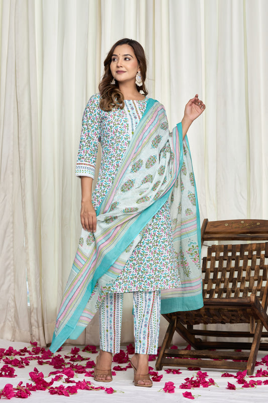 Sitara Bloom Cotton Kurti Pant Dupatta Set