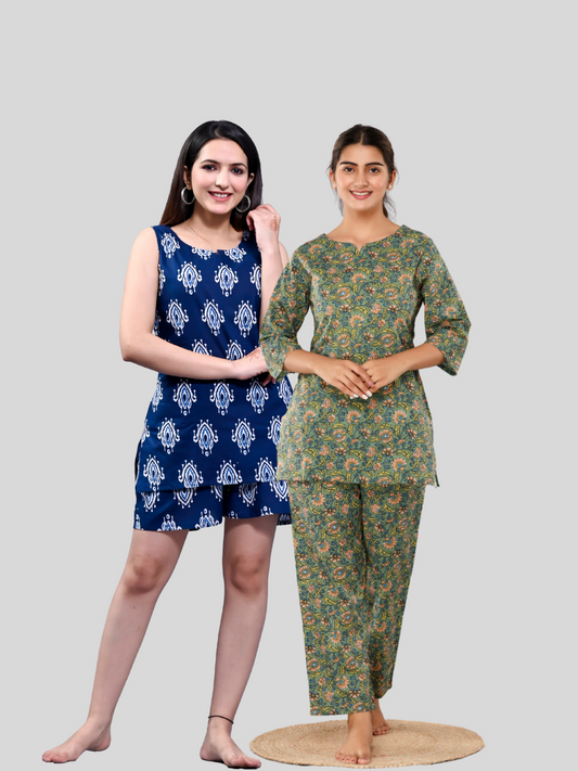 dark blue and green lounge wear combo
