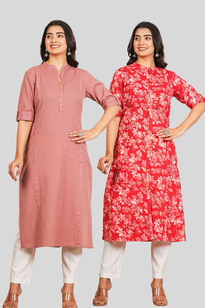 Rose Gold And Red Floral Cotton Long Kurti