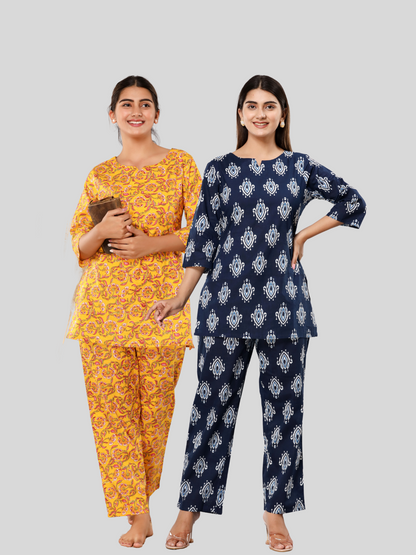 Blue and yellow lounge wear combo
