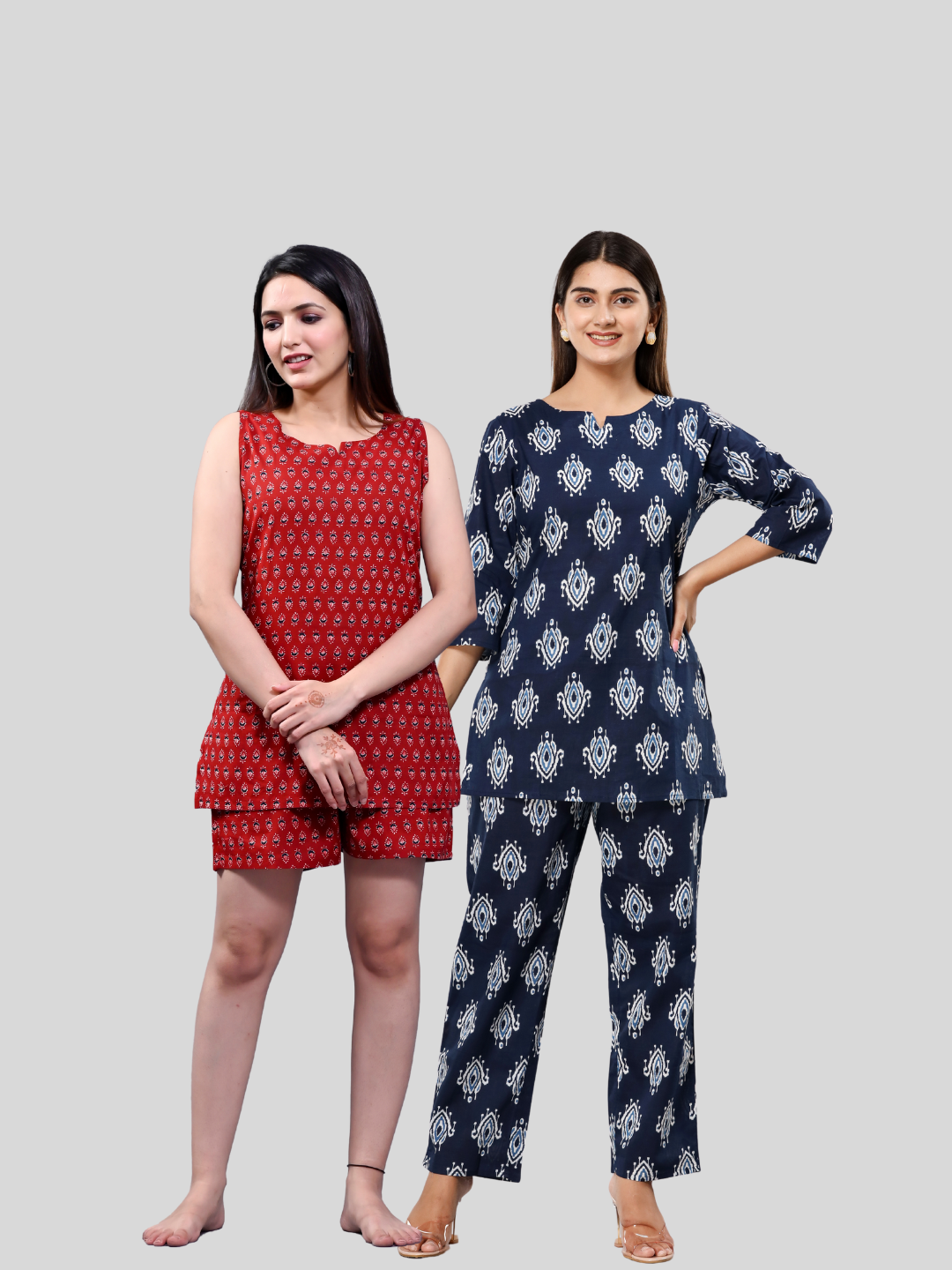 Red and blue lounge wear combo