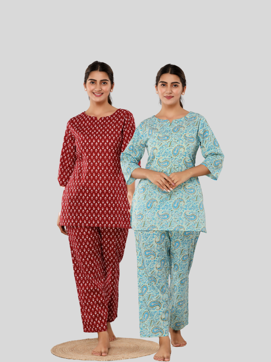Red and light blue lounge wear combo