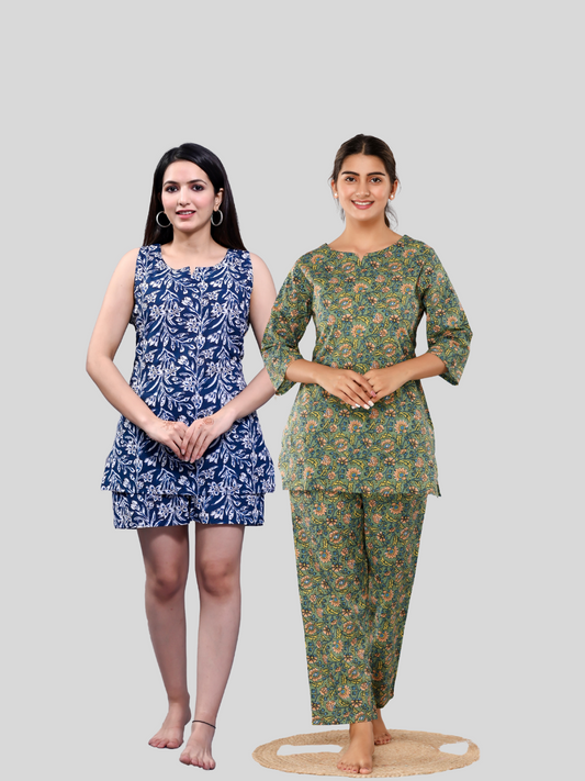 blue and green lounge wear combo