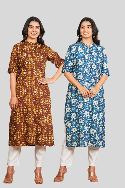 Brown Floral and Blue Floral Cotton Long Kurti