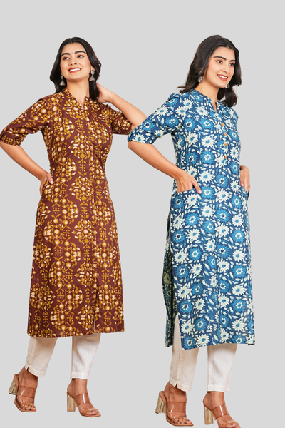 Brown Floral and Blue Floral Cotton Long Kurti