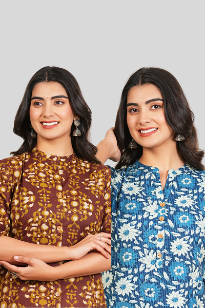 Brown Floral and Blue Floral Cotton Long Kurti