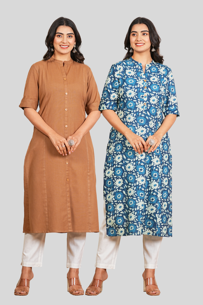 Brown and Blue Floral Cotton Long Kurti