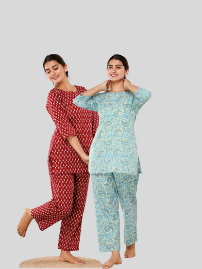 Red and light blue lounge wear combo