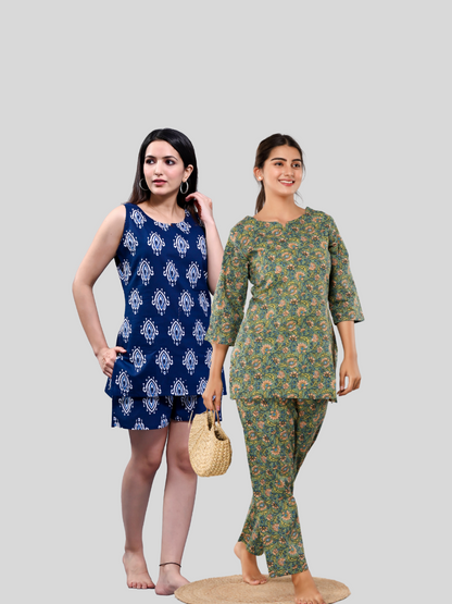 dark blue and green lounge wear combo