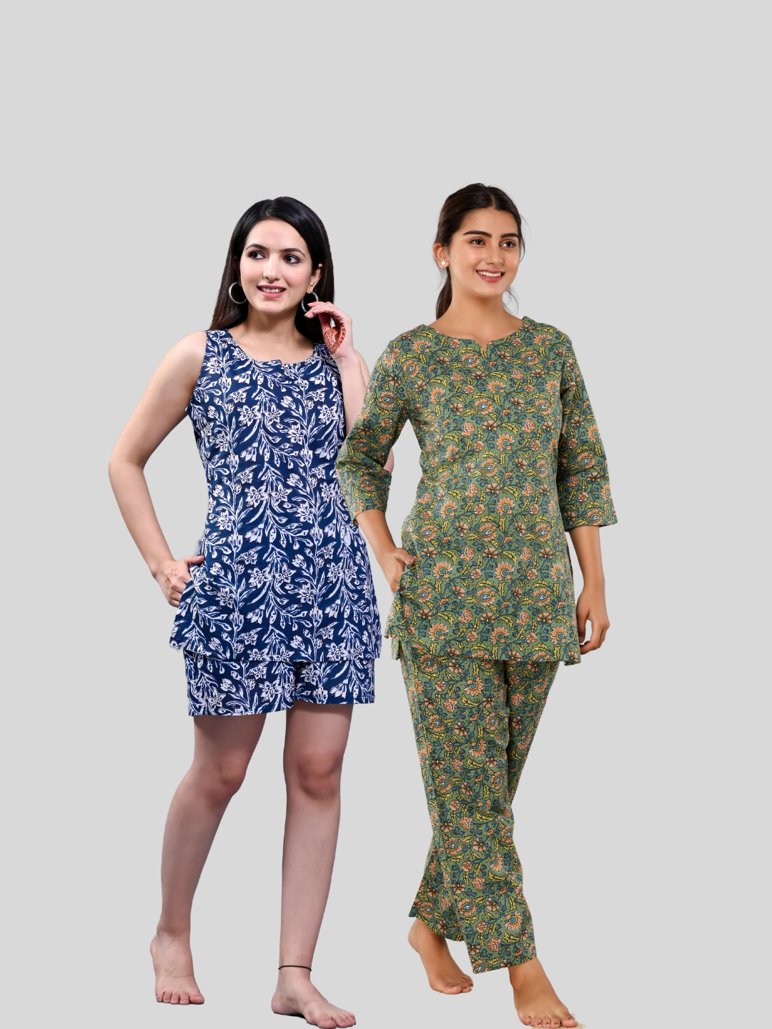 blue and green lounge wear combo