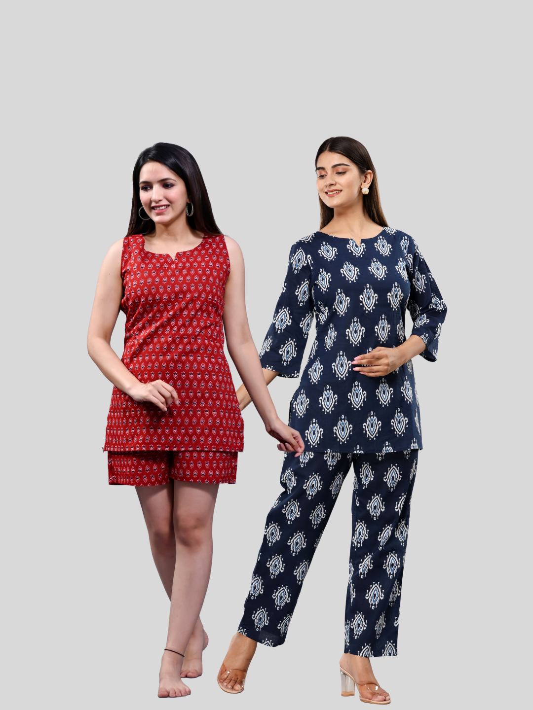 Red and blue lounge wear combo