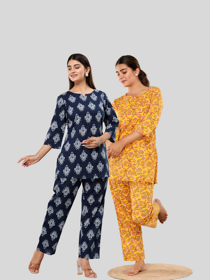 Blue and yellow lounge wear combo