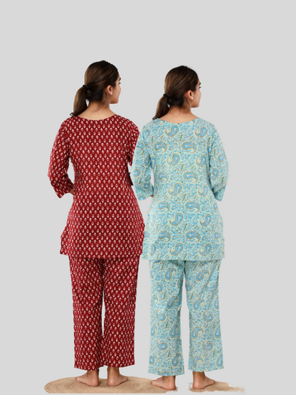 Red and light blue lounge wear combo