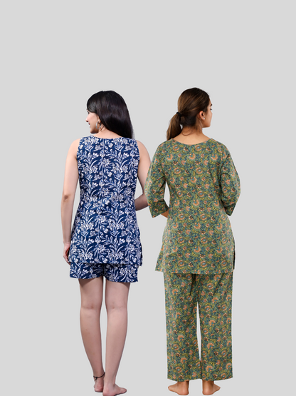 blue and green lounge wear combo
