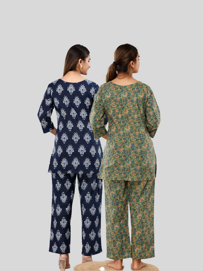 Dark blue and green lounge wear