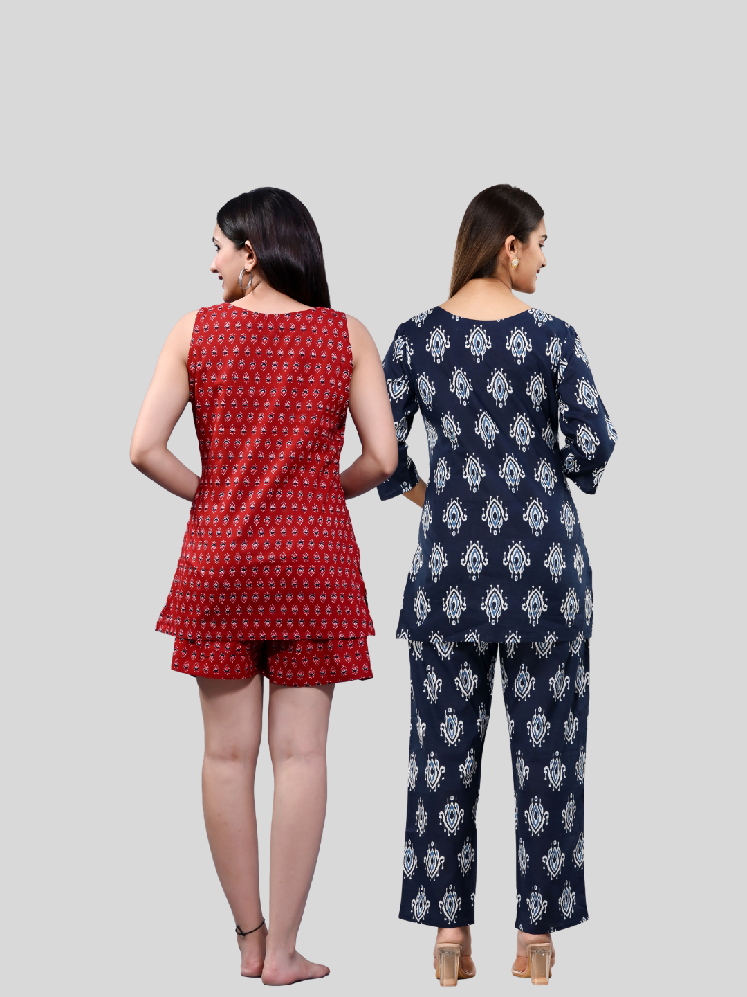 Red and blue lounge wear combo