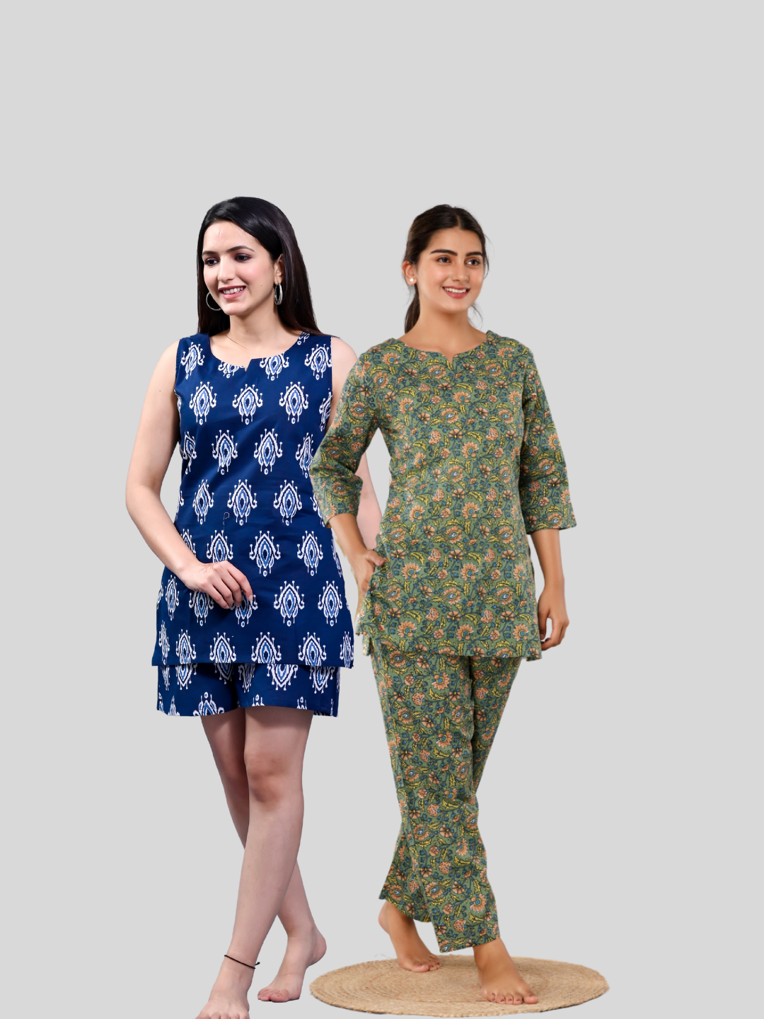 dark blue and green lounge wear combo