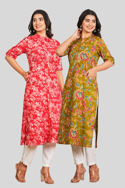 Red Floral and Green Floral Cotton Long Kurti