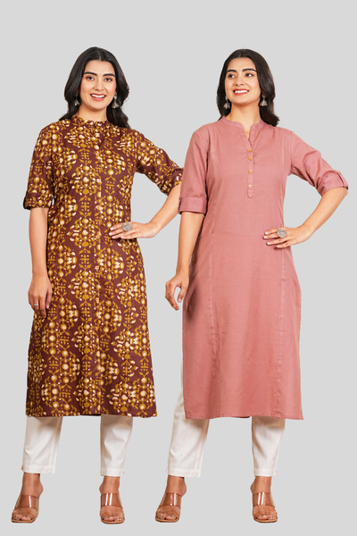 Brown Floral and Rose Gold Cotton Long Kurti