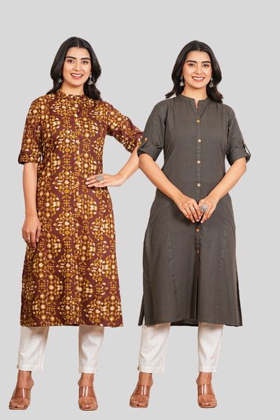 Brown Floral and Grey Cotton Long Kurti