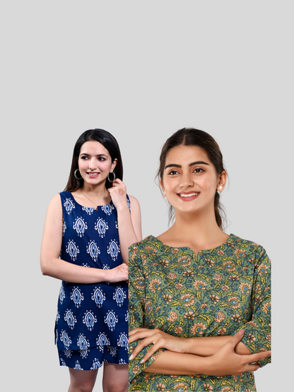 dark blue and green lounge wear combo