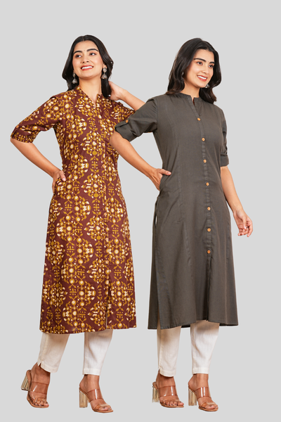 Brown Floral and Grey Cotton Long Kurti