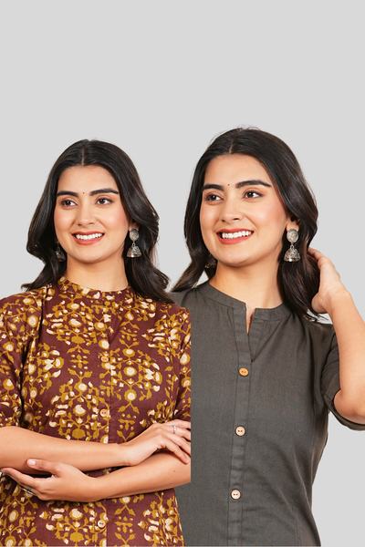 Brown Floral and Grey Cotton Long Kurti