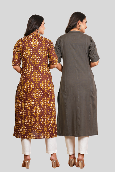 Brown Floral and Grey Cotton Long Kurti