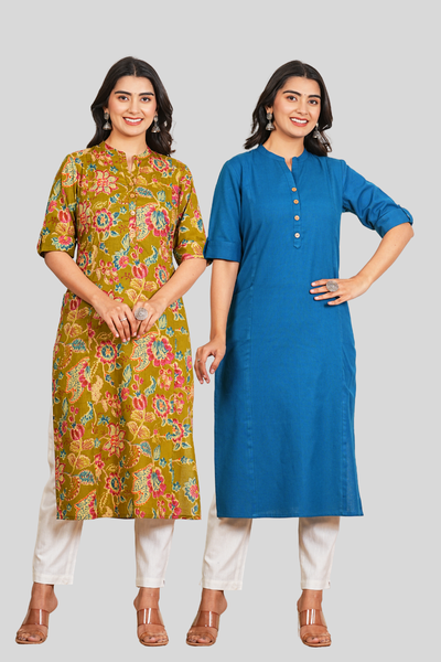 Green and Yale Blue Cotton Long Kurti