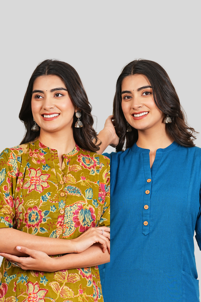 Green and Yale Blue Cotton Long Kurti