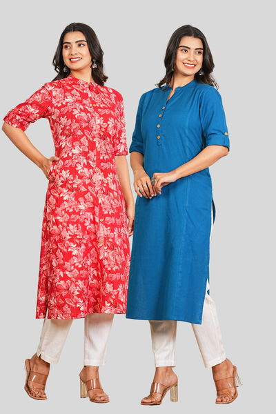 Yale Blue and Red Floral Cotton Long Kurti