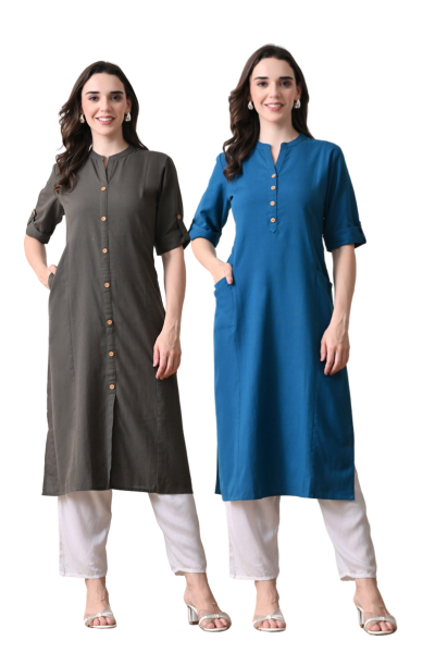 Grey And Yale Blue Cotton Long Kurti