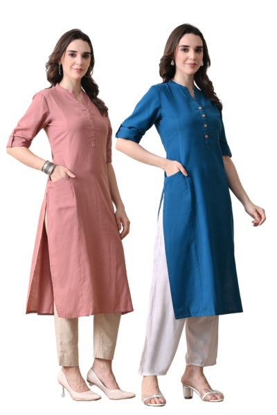 Rose Gold And Yale Blue Cotton Long Kurti