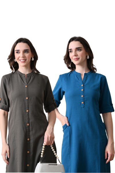Grey And Yale Blue Cotton Long Kurti
