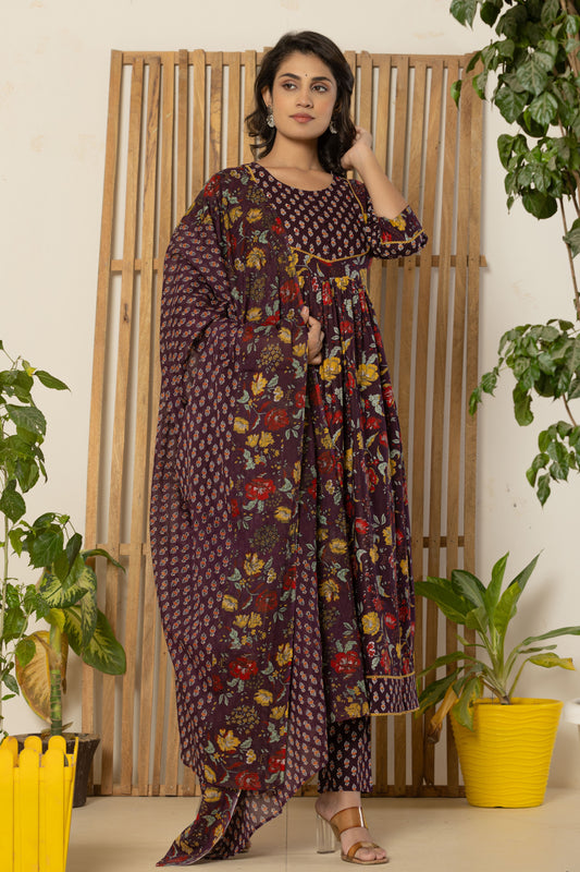 wine floral anarkali  kurti pant set with dupatta