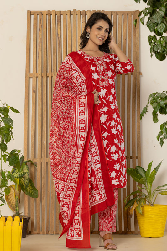Red Floral Print Kurti Pant Set with Dupatta