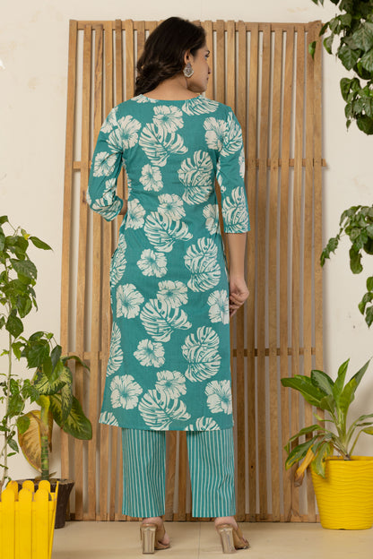 Torquoise Leaf Print Kurti Pant Set With Dupatta