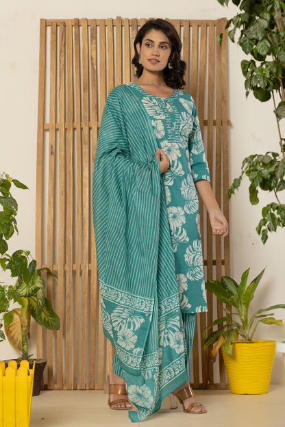 Torquoise Leaf Print Kurti Pant Set With Dupatta