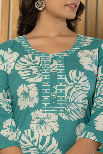 Torquoise Leaf Print Kurti Pant Set With Dupatta