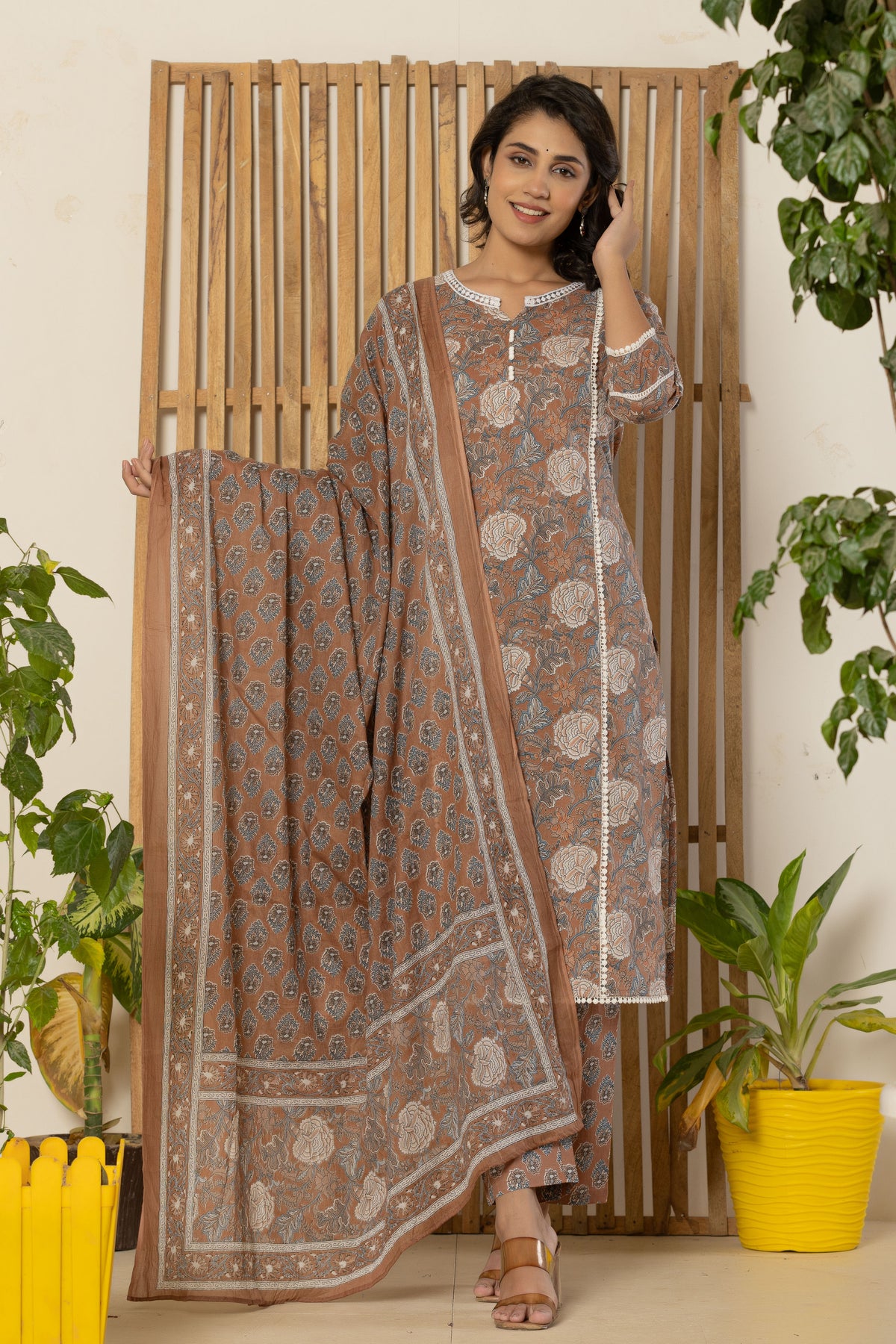 Brown Kurti pant set with dupatta