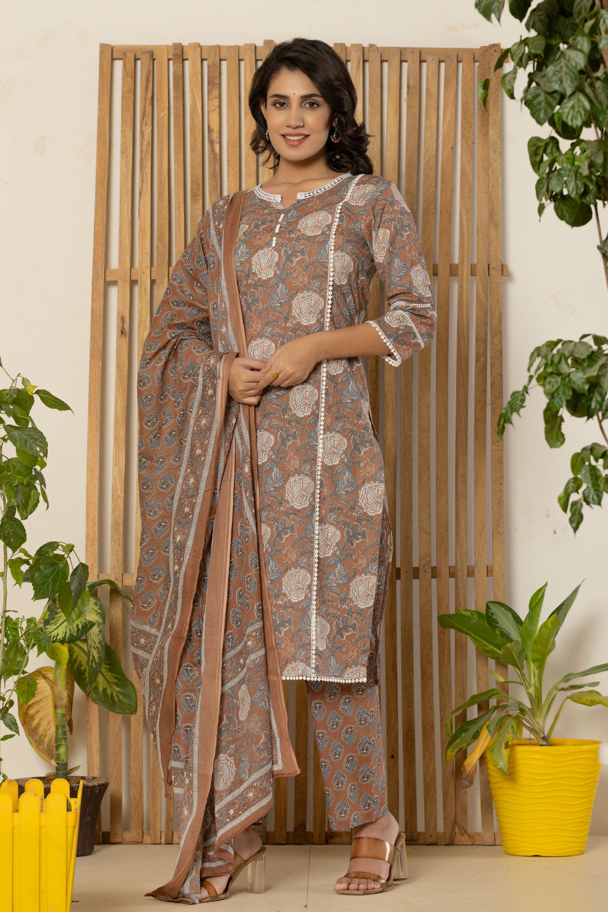 Brown Kurti pant set with dupatta